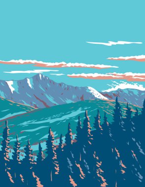 Madison Range 'deki Lone Mountain' ın WPA poster sanatı Lee Metcalf Wilderness Gallatin ve Beaverhead Deerlocdge Ulusal Ormanı, Montana iş yönetimi veya Art Deco tarzı