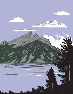 WPA 'nın Wyoming' deki Grand Teton Ulusal Parkı 'nda bulunan Jenny Lake posterleri Amerika Birleşik Devletleri' nin çalışma projesi yönetimi veya Art Deco stilinde yapılmıştır.