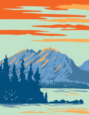 WPA 'nın Wyoming' deki Grand Teton Ulusal Parkı 'nda bulunan Leigh Gölü poster sanatı ABD' nin iş projesi yönetimi veya Art Deco stilinde yapılmıştır.