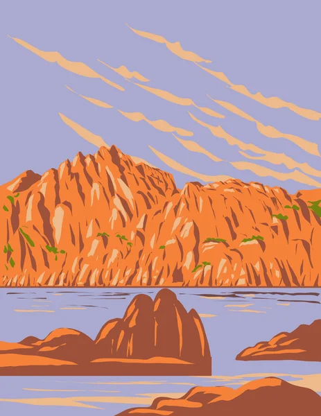 アリゾナ州プレスコットのグラナイト デルズにあるワトソン湖のWpaポスターアート アート デコ様式 — ストックベクタ