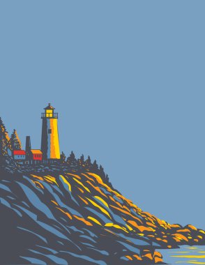 Pemaquid Point Light 'ın WPA poster sanatı, Bristol, Lincoln County' de Pemaquid Neck, Maine, ABD 'nin Ucunda bulunan bir deniz feneri proje yönetimi veya Art Deco stilinde yapıldı