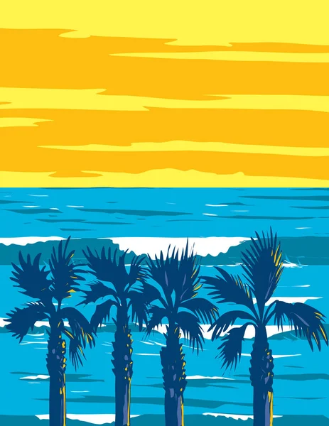 Wpa Плакат Серф Пляжа Рифе Seaside Кардифф Стейт Бич Между — стоковый вектор