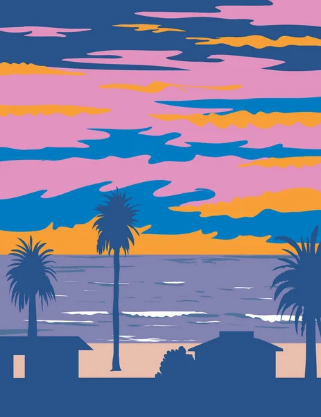 美国加利福尼亚州恩辛尼塔Moonlight州海滩的世界和平协会冲浪海滩招贴画艺术 在工程项目管理中完成 — 图库矢量图片
