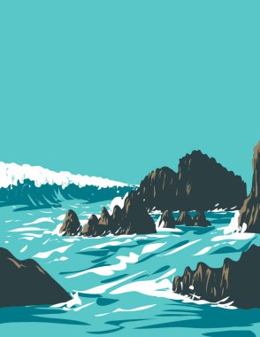 WPA sörf poster sanatı Rockpile Beach 'te, Heisler Park' ın güney kısmında, Laguna Beach, Kaliforniya 'da, Amerika Birleşik Devletleri' nde ABD 'nin iş yönetimi projesinde yaptığı.