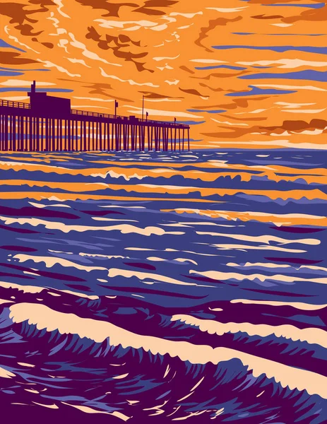 カリフォルニア州ポモスビーチのピモスビーチピアでサーフィンビーチのWpaポスターアート アメリカ合衆国 ワークプロジェクト管理で行われた — ストックベクタ