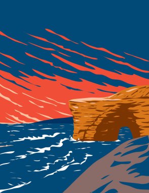 Sunset Cliffs 'in Sunset Cliffs' deki sörf plajının WPA poster sanatı San Diego, Kaliforniya 'daki Point Loma topluluğundaki doğal parkı, Amerika Birleşik Devletleri çalışma projesi yönetimiyle yapıldı.