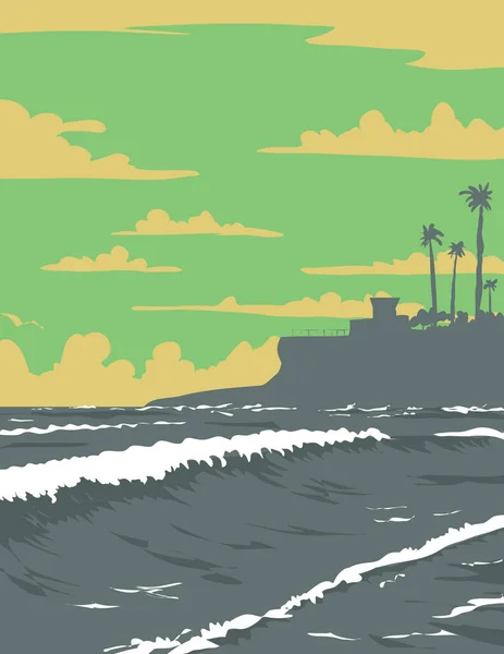 カリフォルニア州サンディエゴ郡エニシタス海沿いのカーディフハイウェイのカルディフリーフでサーフィンビーチのWpaポスターアート カリフォルニア州 アメリカ合衆国 ワークプロジェクト管理で行われた — ストックベクタ