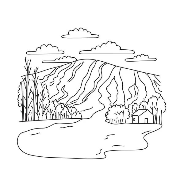 メイン州西部のカラバセットバレーにあるシュガーローフ山岳地帯のモノラインイラスト モノライン黒と白のアートスタイル — ストックベクタ