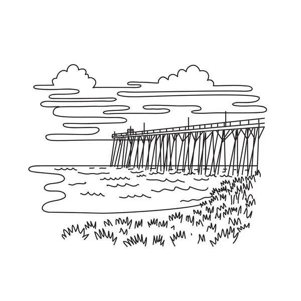 Mono Γραμμή Εικονογράφηση Της Προβλήτας Προβλήτα Αλιείας Στο Kure Beach — Διανυσματικό Αρχείο