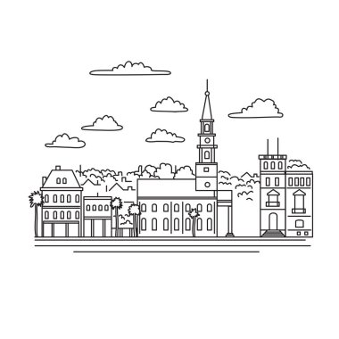 Broad Caddesi 'nin mono çizgisi çizimi. Charleston, Güney Carolina' daki St. Michael 's Episcopal Kilisesi' nin çan kulesi. Tek sıra sanat eseri siyah-beyaz stili..