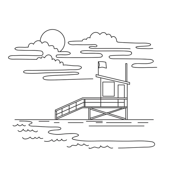 Mono Line Illustration Lifeguard Tower Venice Beach Los Angeles County — Vector de stock