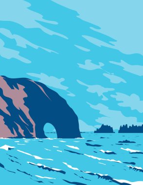 Washington Eyaleti 'ndeki Mora yakınlarındaki Rialto Sahili' nde WPA poster sanatı çalışma projesi yönetimi veya federal sanat projesi tarzında yapılmıştır.