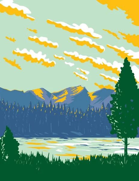 美国科罗拉多州落基山脉国家公园冰河南岸的斯普拉格湖的世界和平协会海报艺术 以作品项目管理或联邦艺术项目风格完成 — 图库矢量图片