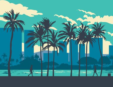 WPA poster sanatı Ala Wai Canal şehir merkezi boyunca Honolulu Waikiki turist bölgesinde Ala Wai Bulvarı boyunca uzanan