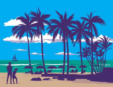 Oahu, Hawaii ABD 'deki Honolulu County' deki Waikiki plajının WPA poster sanatı iş yönetimi tarzı veya federal sanat projesi tarzında yapılmıştır.