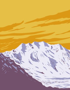 WPA poster art of Mount Blackburn and Kennicott Glacier within Wrangell St Elias National Park and Preserve in Alaska USA done in works project administration or federal art project style clipart