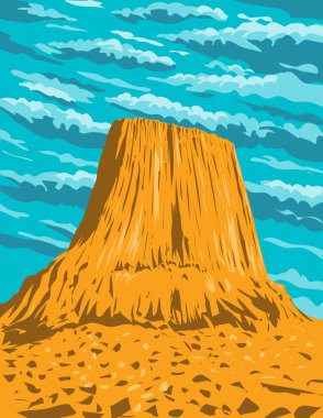 WPA, Crook County, kuzeydoğu Wyoming 'deki Bear Lodge Ranger Bölgesi' nde bulunan Devils Tower 'ın poster sanatı. Proje yönetimi veya federal sanat projesi tarzında yapıldı.