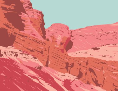 Arizona, Lechee 'deki Powell Gölü Navajo Kabile Parkı' ndaki Yukarı Antilop Kanyonu 'nun arka tarafındaki WPA poster sanatı proje yönetimi veya federal sanat projesi tarzında yapıldı.