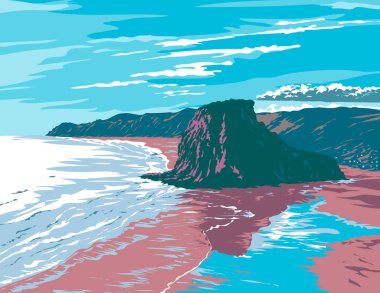 WPA 'nın Lion Rock posterleri, Auckland, Yeni Zelanda' nın Waitakere Ranges bölgesindeki Piha Sahili 'nde yer alan kayalık bir burnun proje yönetimi veya federal sanat projesi tarzında yapılmış hali..