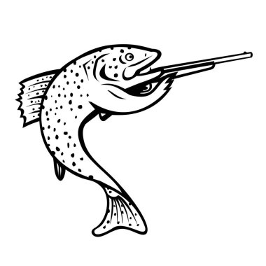 Gökkuşağı alabalığının maskot çizimi, siyah beyaz karikatür tarzında izole edilmiş beyaz arka planda duran bir tüfeği hedef alıyor.