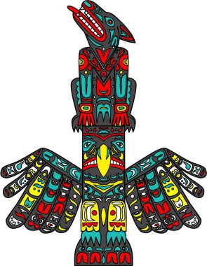 Bir kurt ve kartal totem direğinin Haida sanat tasviri, bir Kuzeybatı Sahili sanatı, direkleri, direkleri, direkleri ya da sütunları, birbiri üzerine renk karalama sanatıyla çizilmiş semboller veya figürler..
