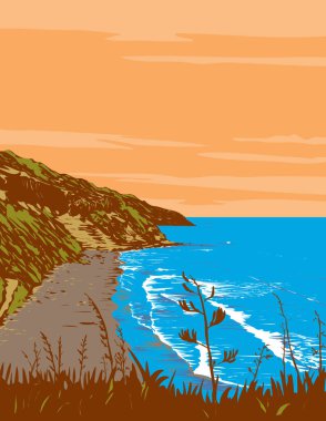Yeni Zelanda 'nın Kuzey Adası' ndaki Auckland Bölgesi 'nin batı kıyısındaki Muriwai Bölgesel Parkı' ndaki Muriwai Plajı 'ndaki sörf plajının Art Deco veya WPA posteri proje yönetimi tarzında yapıldı.