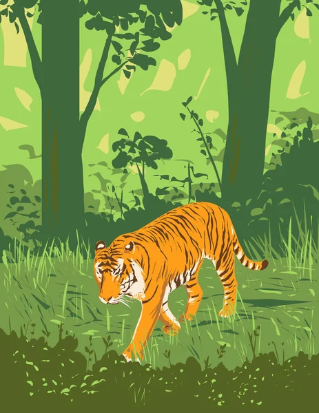 Art Deco Wpa Poster Tiger Panthera Tigris Prowling Kanha Tiger — Stock Vector