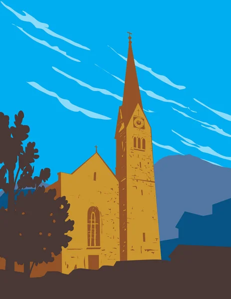 Wpa Poster Art Della Chiesa Luterana Hallstatt Nel Distretto Gmunden — Vettoriale Stock