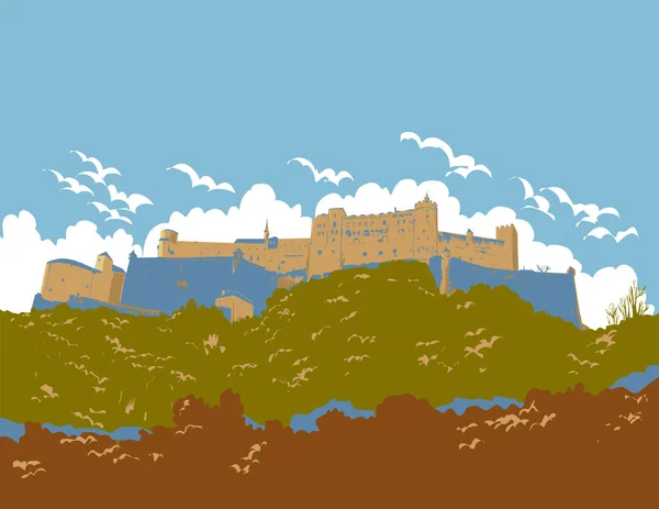 Wpa Plakát Umění Pevnosti Hohensalzburg Nebo Vysoké Salcburské Pevnosti Salcburku — Stockový vektor