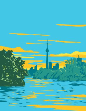 Toronto Island Park 'ın WPA poster sanatı. Toronto City' nin arka planında Ontario Gölü, Kanada. Çalışma projesi yönetimi ya da federal sanat projesi tarzı.