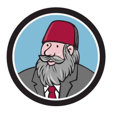 Sakallı, kestane rengi şapkalı ve takım elbiseli bir adamın ön taraftan bakıldığı bir resim. Çizgi film tarzında yapılmış.. 