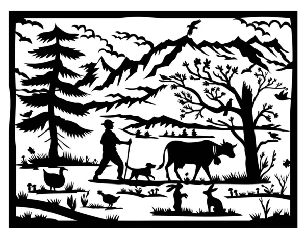 Швейцарский Шереншнитт Ножницы Вырезают Иллюстрацию Силуэта Швейцарских Альп Елкой Фермером — стоковый вектор