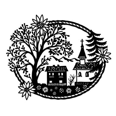 İsviçre Scherenschnitte ya da makas, İsviçre 'nin Opfertshofen kentindeki kiliseyle Schaffhausen Bölgesel Doğa Parkının siluetinin resimlerini kağıt kesiği ya da dekupajla kesilmiş çiçeklerle kesiyor.