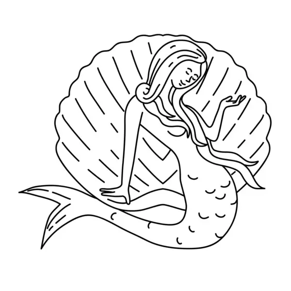 Моно Линейная Иллюстрация Русалки Сирены Длинными Струящимися Волосами Сидящими Панцире — стоковый вектор