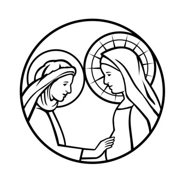 Mary 'nin akrabası Elizabeth' i ziyaret edişinin Retro maskot stili çizimi; her ikisi de siyah ve beyaz olarak izole edilmiş arka planda yan çemberin içerisinden bakıldığında hamiledir.