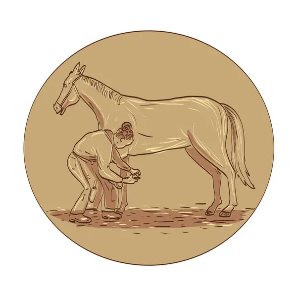 Desenho Ilustração Agricultor Fêmea Colocando Ferradura Casco Cavalo Visto Lado —  Vetores de Stock