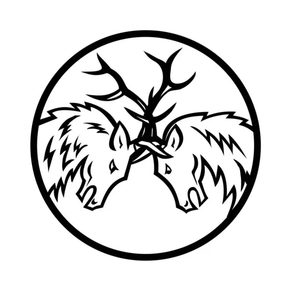 Mascota Ilustración Dos Alces Toro Cervus Canadensis Wapiti Lucha Rutina — Vector de stock