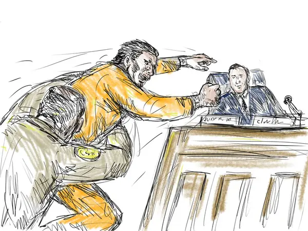 Pasztell Ceruza Tinta Vázlat Illusztrálása Bírósági Tárgyalási Beállítást Vádlott Ugrik — Stock Fotó