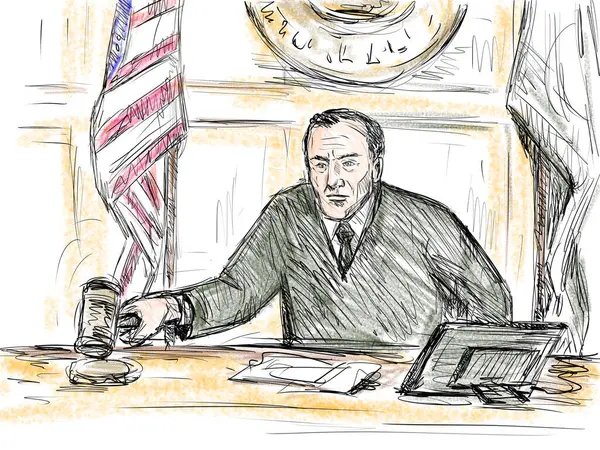 パステル鉛筆とインクのスケッチ 裁判の場面のイラスト 裁判官は判決の間にボケルを叩き 裁判所の裁判所の裁判ドラマで判決を下した — ストック写真