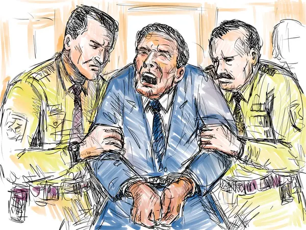 在法庭上 一名焦躁不安的被告被警察带出法庭受审的蜡笔画和墨水草图 — 图库照片#
