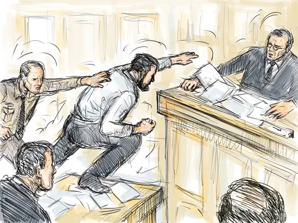 法庭审判背景下被告与法警或治安警察一起跳向法官 在法庭戏剧中约束罪犯的粉笔和墨水草图 — 图库照片#