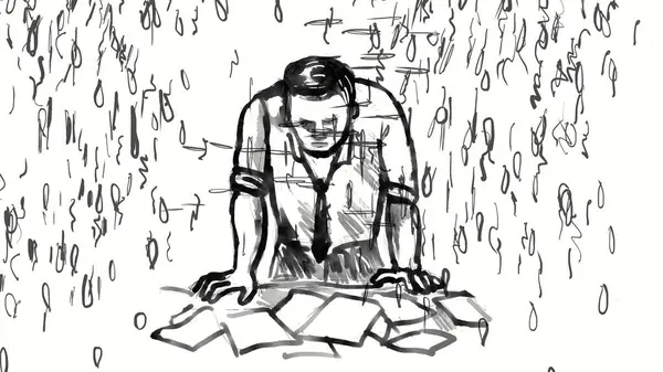 Dibujo Dibujo Ilustración Hombre Deprimido Hombre Negocios Meditando Sobre Los —  Fotos de Stock