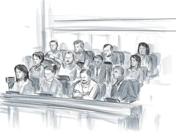 Pastelowy Długopis Szkic Tuszu Ilustrujący Proces Sądowy Którym Ława Przysięgłych — Zdjęcie stockowe