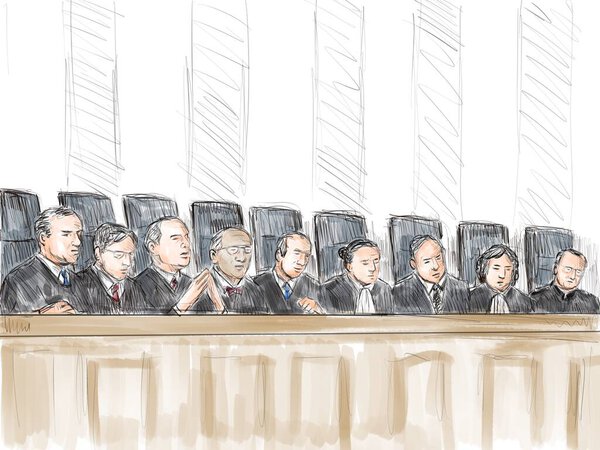 Пастельная карандашная ручка и чернильный эскиз иллюстрации судебного процесса с судьей Верховного суда или судьями по судебной драме в судебном суде и суде.