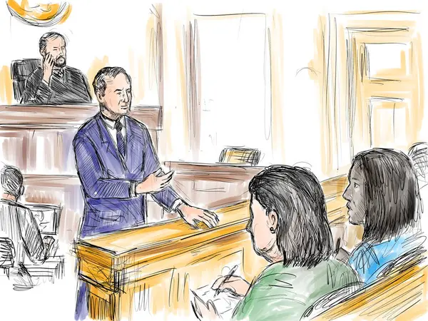 Pastel Pencil Pen Ink Sketch Illustration Courtroom Trial Setting Lawyer — Stock Photo, Image