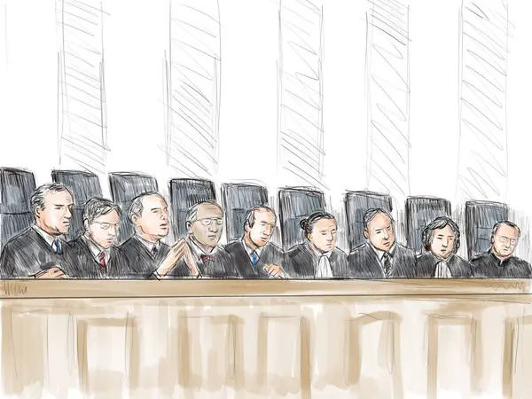 Pastellstift Und Tuschezeichnung Illustrieren Eine Gerichtsverhandlung Mit Richter Obersten Gerichtshof — Stockfoto