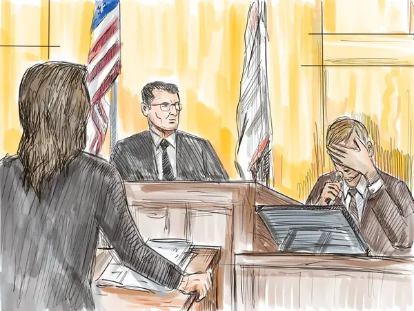 由法官 证人在法院和司法法院的案件中哭泣作证的法庭审判背景的粉笔和墨水草图 — 图库照片#