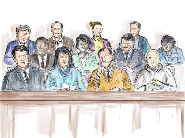 Pastelová Tužka Pero Inkoust Náčrt Ilustrace Soudního Procesu Kterým Porota — Stock fotografie