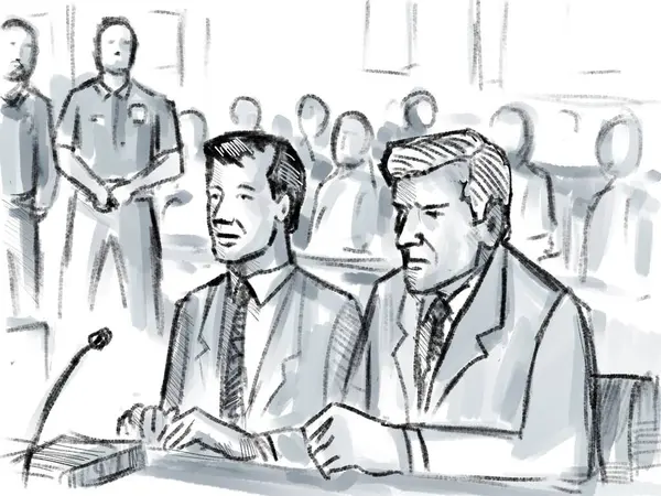 Pastelowy Długopis Szkic Tuszu Ilustrujący Proces Sądowy Udziałem Adwokata Oskarżonego — Zdjęcie stockowe