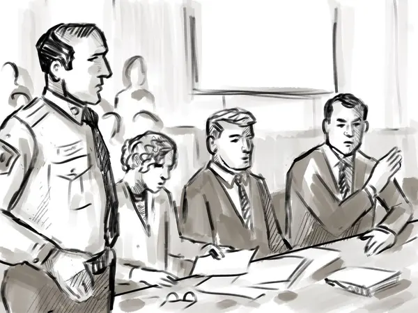 ペンペンとインクのスケッチ 弁護士と被告との裁判の設定のイラスト 原告は司法裁判所の裁判で審問中に保釈金で座った — ストック写真